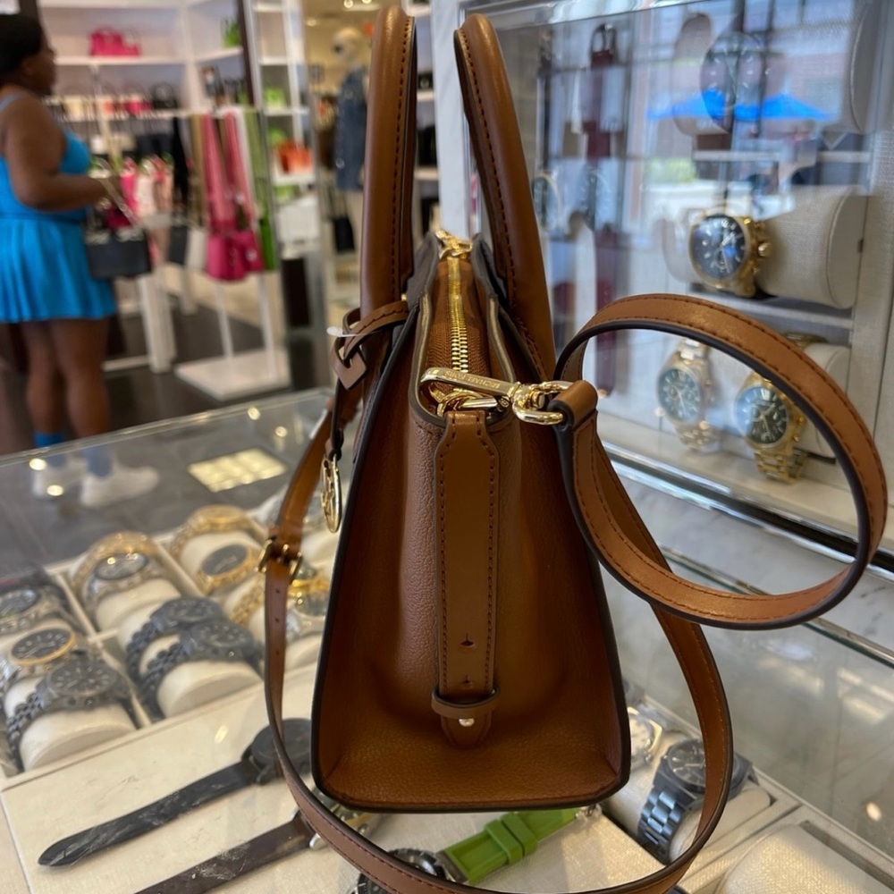 Michael Kors Avril Small Leather Logo Satchel Crossbody Brown Top Zip Bag NWT - Picture 13 of 16